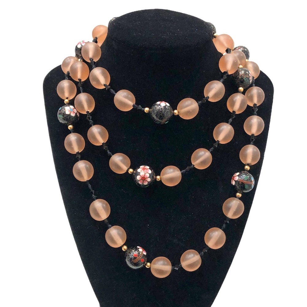 BLACK CLOISONNE, BLACK CRYSTAL, FROSTED PINK GLASS & GOLD TONE BEAD 48" NECKLACE